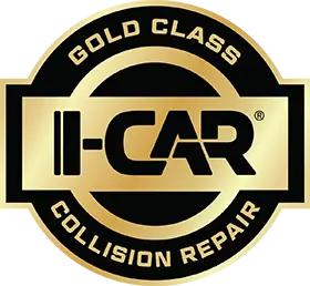 A gold and black circular badge with the words Gold Class Collision Repair around the edge and I-CAR in bold letters in the center.