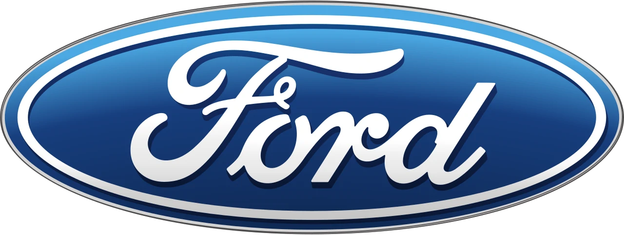 The image shows the Ford logo: a blue oval with a white and silver border, featuring the word Ford in elegant white script in the center.