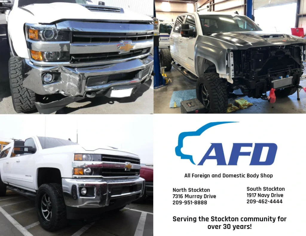 A collage shows a damaged white Chevy truck before and after repair, and the AFD Body Shop logo with contact info and the text: “Serving the Stockton community for over 30 years!”.