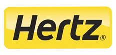 The image shows the Hertz logo with the word Hertz in bold black letters on a yellow background.