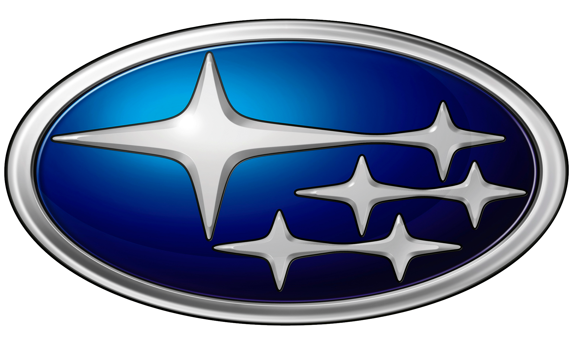 The Subaru Logo with a blue oval emblem with a silver border featuring six silver stars of varying sizes arranged inside, representing the Subaru car logo.