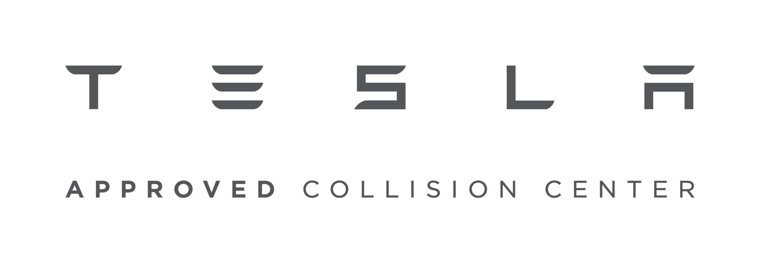 The image displays the Tesla logo above the words APPROVED COLLISION CENTER in uppercase, with APPROVED in bold font. The background is light gray.