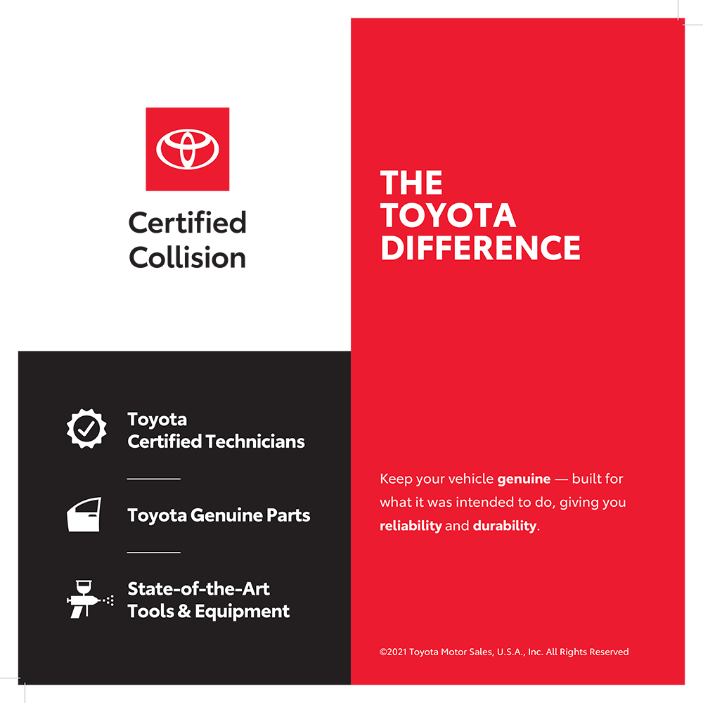 Toyota Certified Collision graphic listing benefits: certified technicians, genuine parts, state-of-the-art tools and equipment. Text highlights reliability and durability. Toyota logo and branding are displayed.